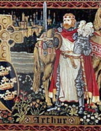 Medieval Tapestry depicting the Great King Arthur holding aloft the sword Excalibur
