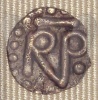 A denier minted at Troyes during Pepin&#039;s reign. The R is for rex (king) and the P is for Pepin