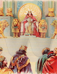 Solomon&#039;s Wealth and Wisdom, as in 1 Kings 3:12-13, illustration from a Bible card published 1896 by the Providence Lithograph Company