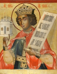 Russian icon of King Solomon. He is depicted holding a model of the Temple. (18th century, iconostasis of Kizhi monastery, Russia).