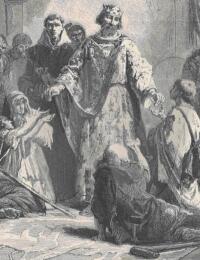 Robert II dispenses alms to the poor: &quot;Robert had a kindly feeling for the weak and poor&quot; – from François Guizot, A Popular History of France from the Earliest Times.