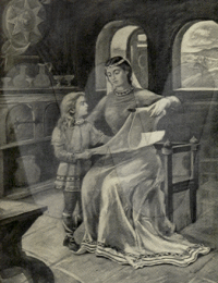 Queen Osburh reading to her son Alfred, illustration in M. F. Lansing, Barbarion &amp; Noble, 1911.