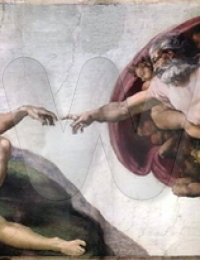 Michelangelo&#039;s The Creation of Adam, a fresco on the ceiling of the Sistine Chapel, shows God creating Adam, with Eve in his arm